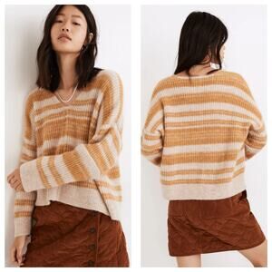 Madewell Space-Dyed Staley V-Neck Pullover Sweater Size Large Yellow Stripe